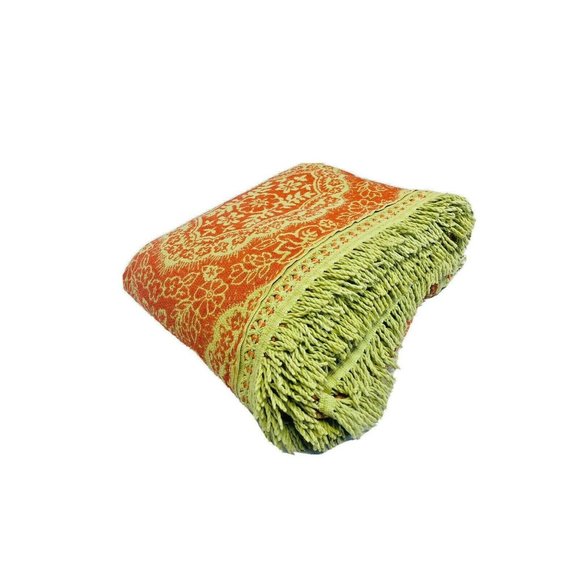 Antique Orange & Gold Large Coverlet Blanket Quilt Fringe Embroidery Vintage WOW - Picture 5 of 10